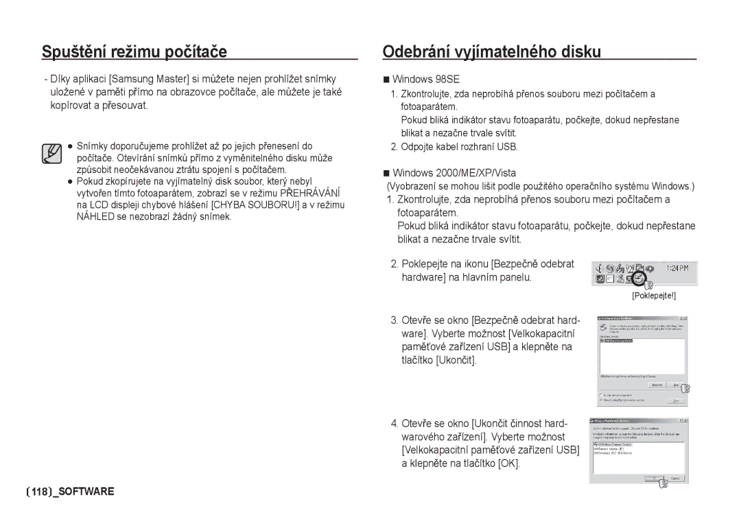 Samsung EC-I80ZZSDA/E3, EC-I80ZZBDA/E3 manual Odebrání vyjímatelného disku, Windows 98SE, Windows 2000/ME/XP/Vista 