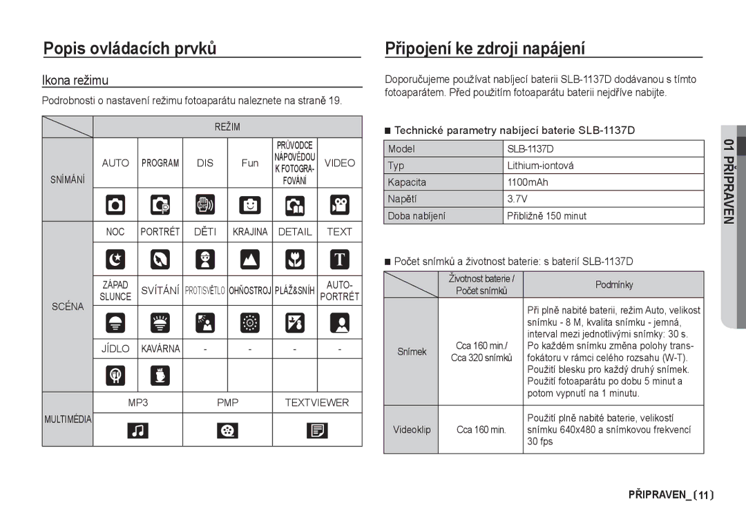 Samsung EC-I80ZZBDA/E3 manual PĜipojení ke zdroji napájení, Ikona režimu, Technické parametry nabíjecí baterie SLB-1137D 