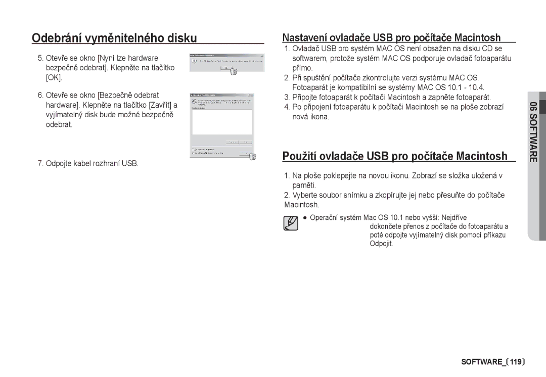 Samsung EC-I80ZZBDA/E3, EC-I80ZZSDA/E3 manual Odebrání vymČnitelného disku, Nastavení ovladaþe USB pro poþítaþe Macintosh 