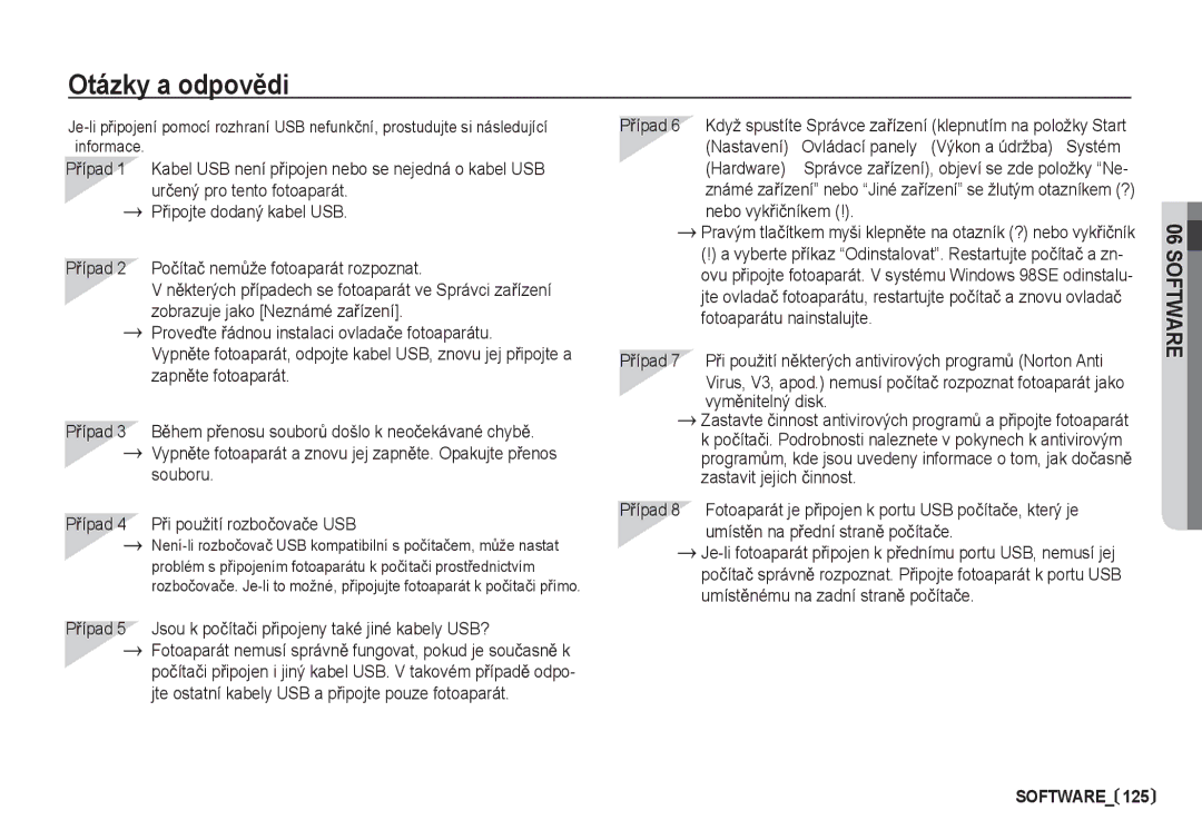 Samsung EC-I80ZZBDA/E3, EC-I80ZZSDA/E3 manual Otázky a odpovČdi, Nastavení, Hardware, Ovládací panely Výkon a údržba Systém 