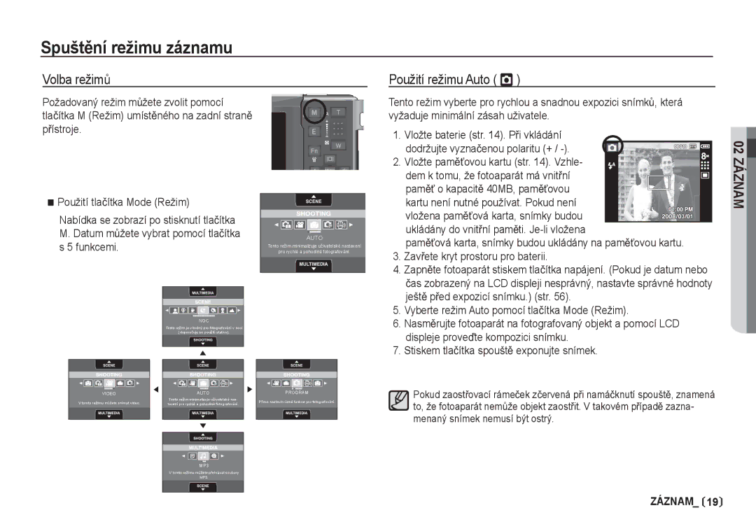 Samsung EC-I80ZZBDA/E3, EC-I80ZZSDA/E3 manual SpuštČní režimu záznamu, Volba režimĤ Použití režimu Auto Š 