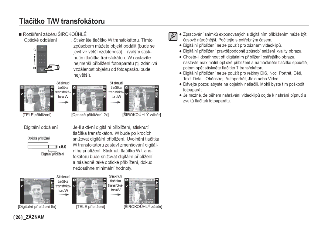 Samsung EC-I80ZZSDA/E3, EC-I80ZZBDA/E3 manual RozšíĜení zábČru Širokoúhlé Optické oddálení, NejvČtší, Digitální oddálení 