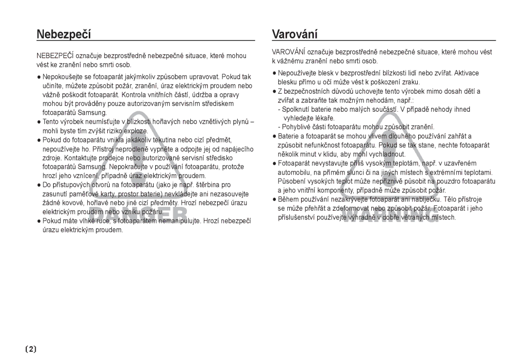 Samsung EC-I80ZZSDA/E3, EC-I80ZZBDA/E3 manual Nebezpeþí, Varování 