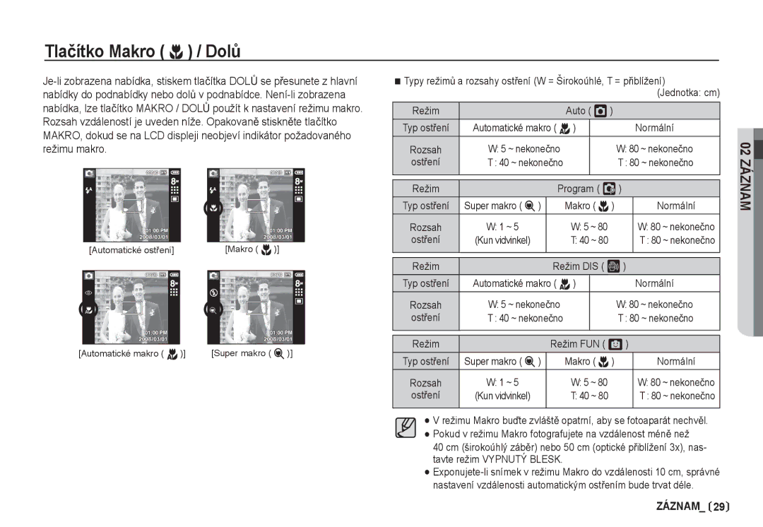 Samsung EC-I80ZZBDA/E3, EC-I80ZZSDA/E3 Tlaþítko Makro e / DolĤ, Program ‰, Super makro Makro e, Režim DIS ‚, Režim FUN ë 