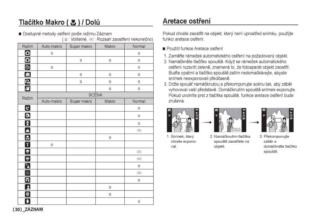 Samsung EC-I80ZZSDA/E3, EC-I80ZZBDA/E3 manual Aretace ostĜení, Volitelné, Dostupné metody ostĜení podle režimu Záznam 