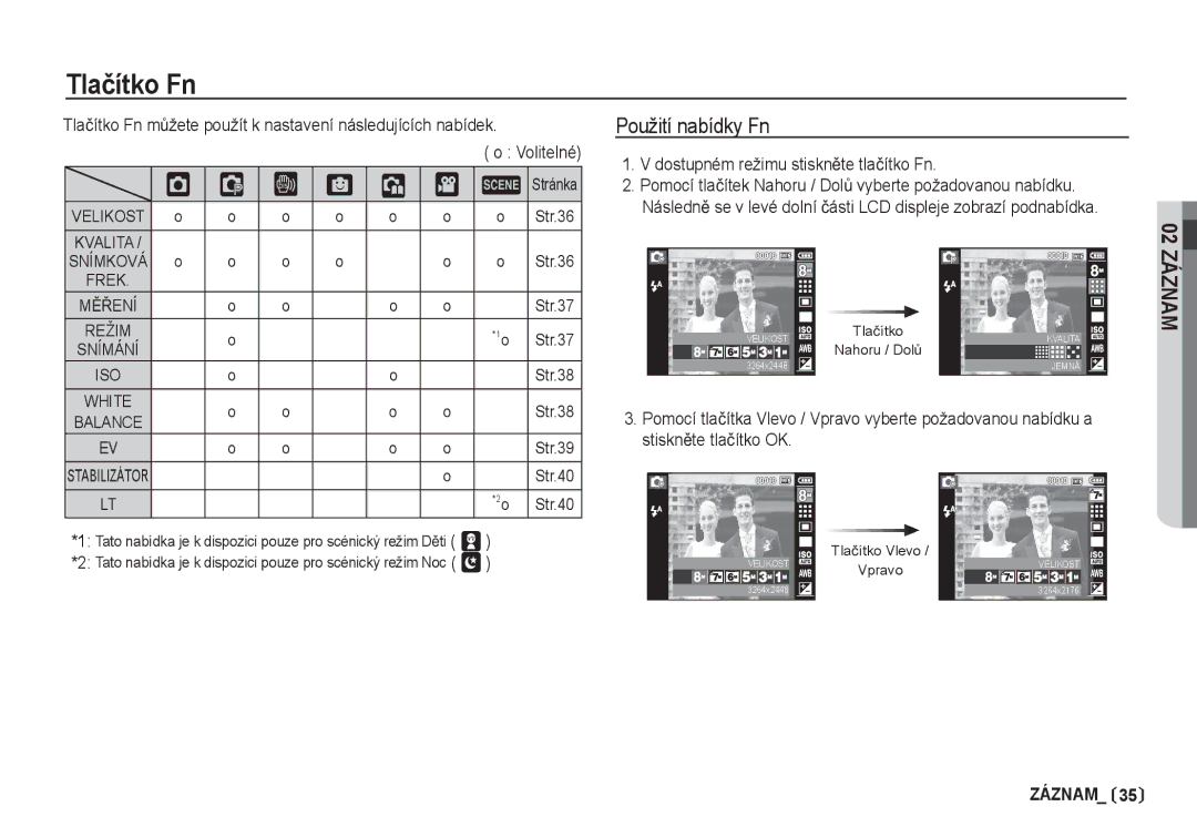 Samsung EC-I80ZZBDA/E3 manual Tlaþítko Fn, Použití nabídky Fn, Dostupném režimu stisknČte tlaþítko Fn, † ³ Stránka, MċěENÍ 