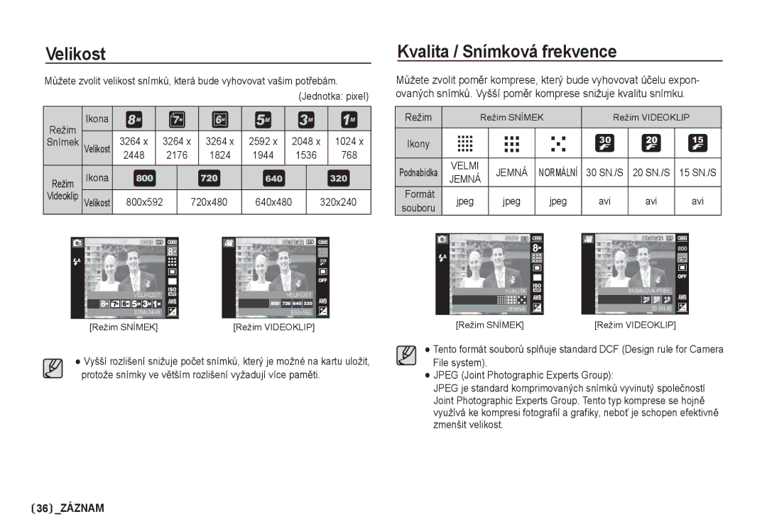 Samsung EC-I80ZZSDA/E3, EC-I80ZZBDA/E3 manual Velikost, Kvalita / Snímková frekvence 