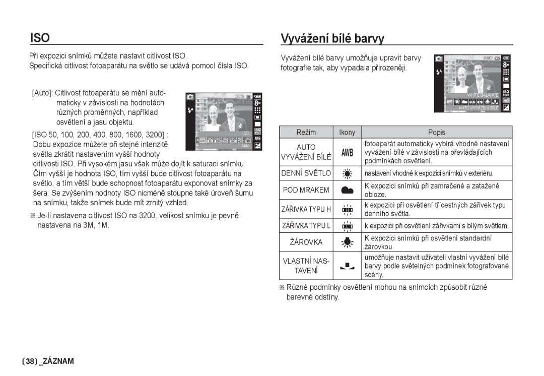 Samsung EC-I80ZZSDA/E3, EC-I80ZZBDA/E3 manual Vyvážení bílé barvy, PĜi expozici snímkĤ mĤžete nastavit citlivost ISO 