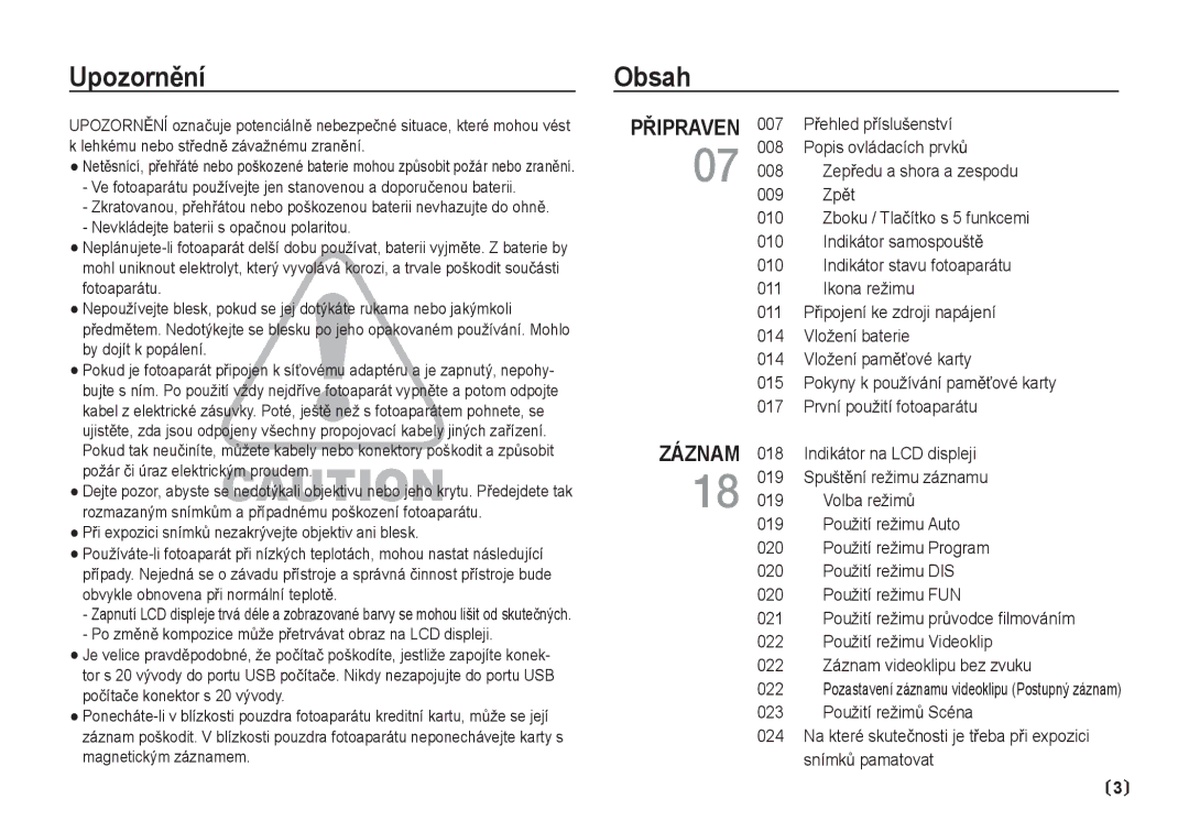 Samsung EC-I80ZZBDA/E3 manual UpozornČní, Obsah, 022 Použití režimu Videoklip Záznam videoklipu bez zvuku, SnímkĤ pamatovat 