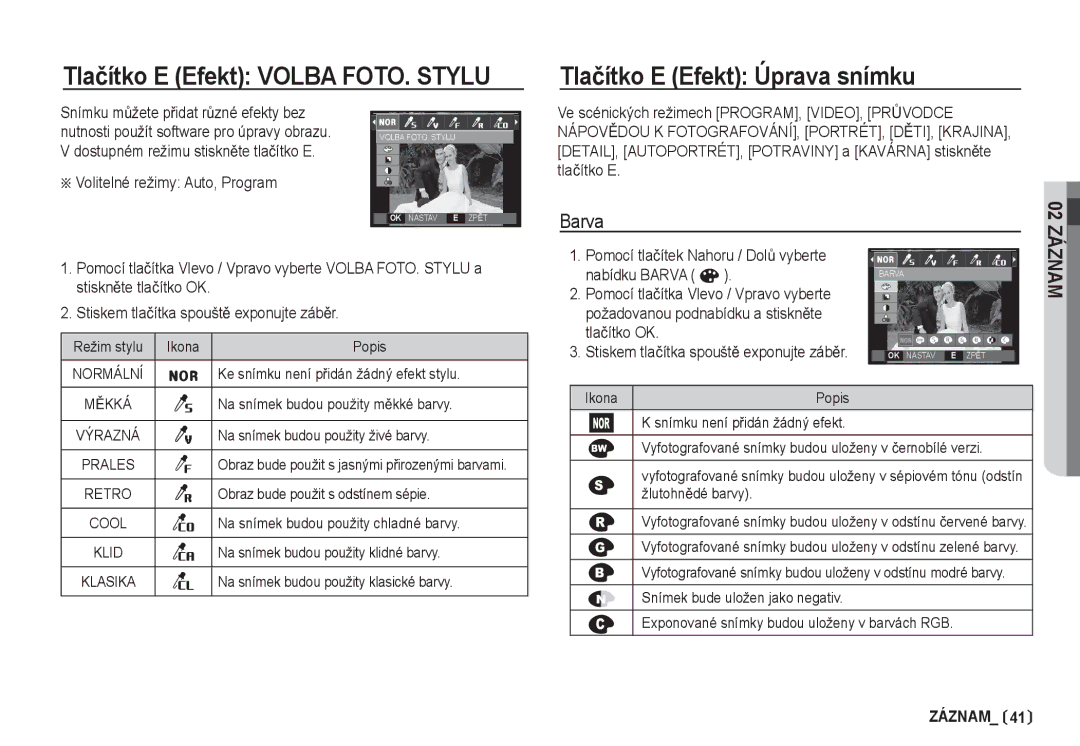 Samsung EC-I80ZZBDA/E3 manual Volitelné režimy Auto, Program, Pomocí tlaþítek Nahoru / DolĤ vyberte nabídku Barva ï 