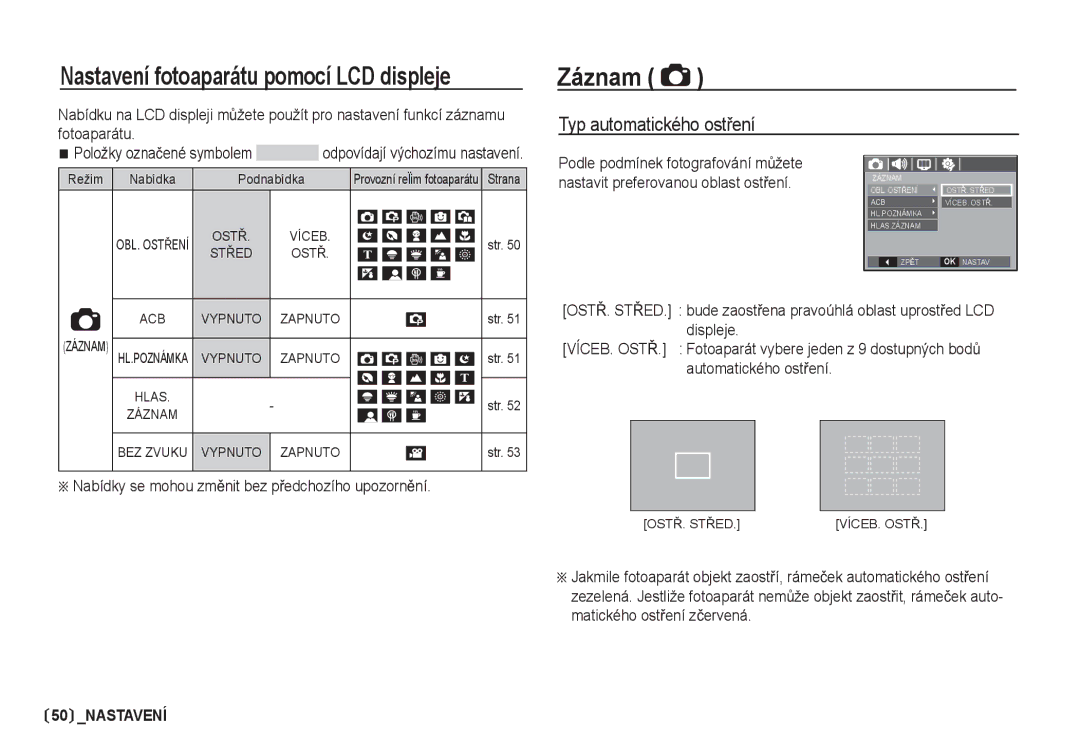 Samsung EC-I80ZZSDA/E3, EC-I80ZZBDA/E3 manual Záznam, Typ automatického ostĜení, Fotoaparátu Položky oznaþené symbolem 