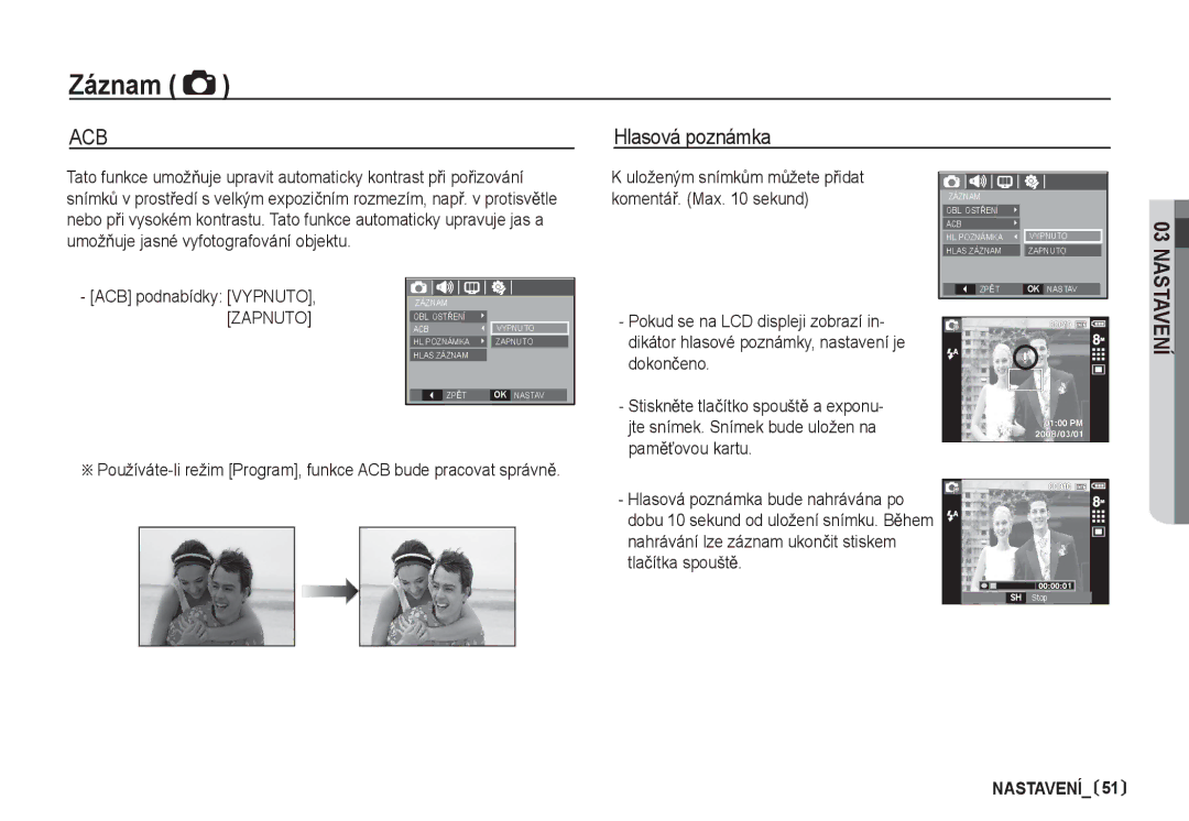 Samsung EC-I80ZZBDA/E3, EC-I80ZZSDA/E3 manual Hlasová poznámka, ACB podnabídky Vypnuto 