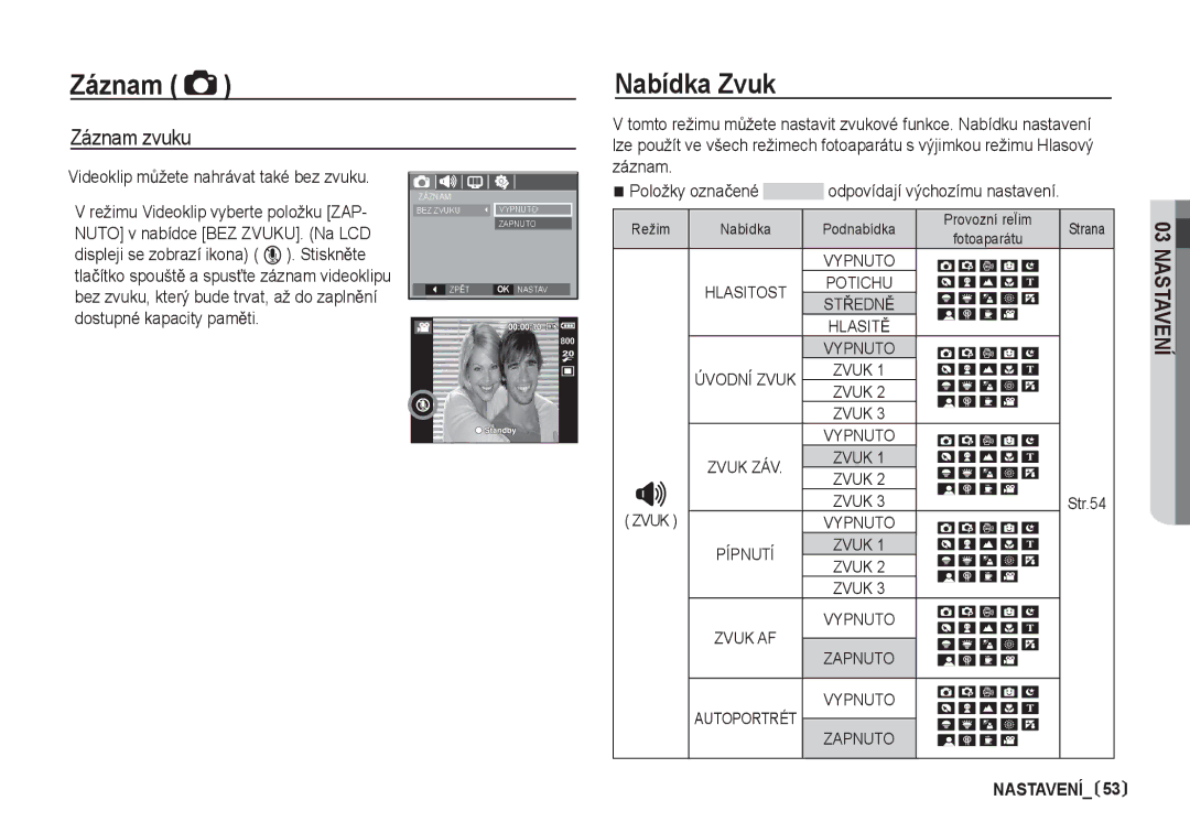 Samsung EC-I80ZZBDA/E3, EC-I80ZZSDA/E3 Nabídka Zvuk, Záznam zvuku, Položky oznaþené odpovídají výchozímu nastavení, Str.54 