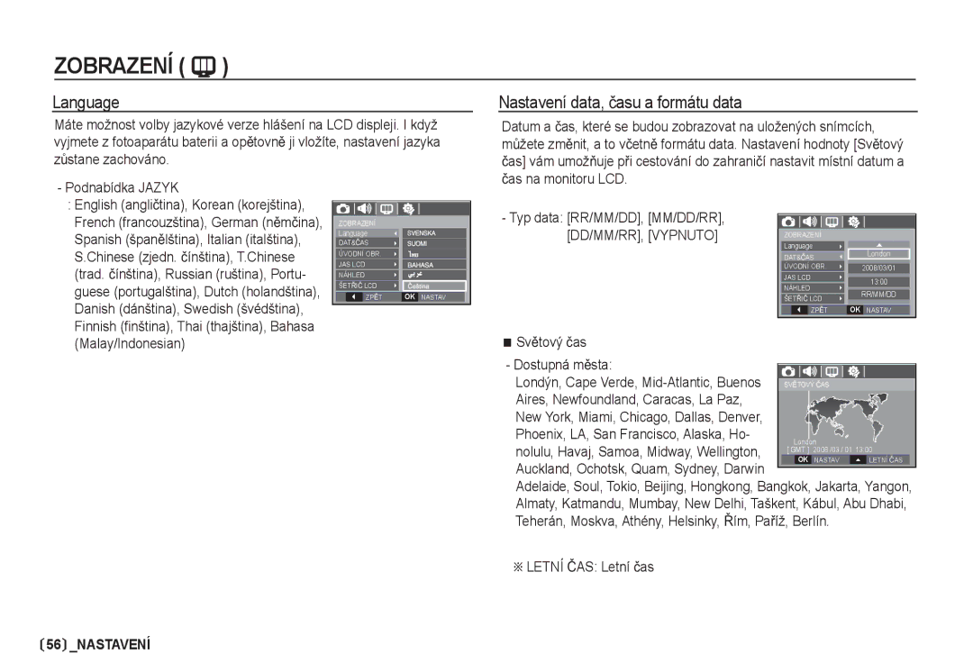 Samsung EC-I80ZZSDA/E3 Language, Nastavení data, þasu a formátu data, SvČtový þas Dostupná mČsta, Letní ýAS Letní þas 