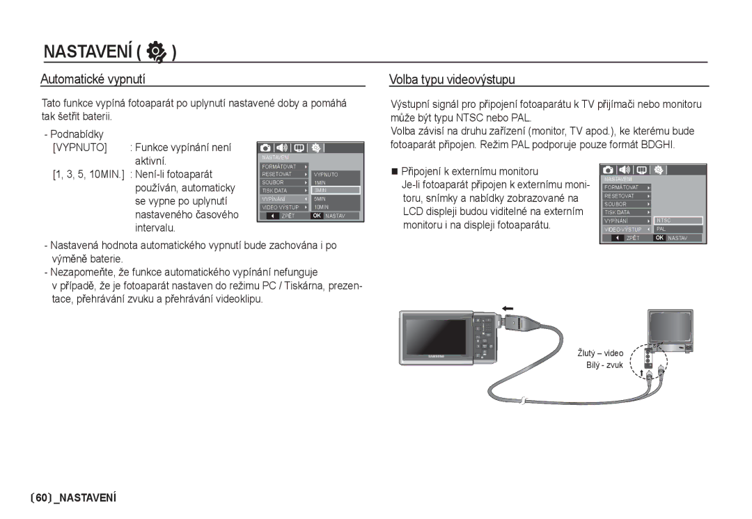 Samsung EC-I80ZZSDA/E3, EC-I80ZZBDA/E3 manual Automatické vypnutí, Volba typu videovýstupu, PĜipojení k externímu monitoru 