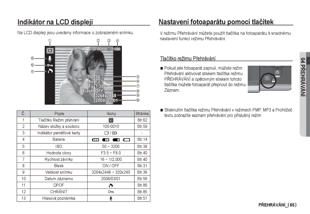 Samsung EC-I80ZZBDA/E3 manual Tlaþítko režimu PĜehrávání, Na LCD displeji jsou uvedeny informace o zobrazeném snímku 