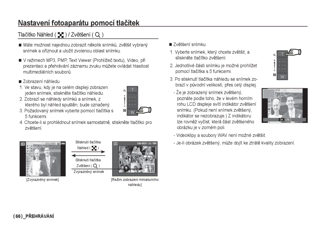 Samsung EC-I80ZZSDA/E3, EC-I80ZZBDA/E3 manual Tlaþítko Náhled º / ZvČtšení í, ZvČtšení snímku 