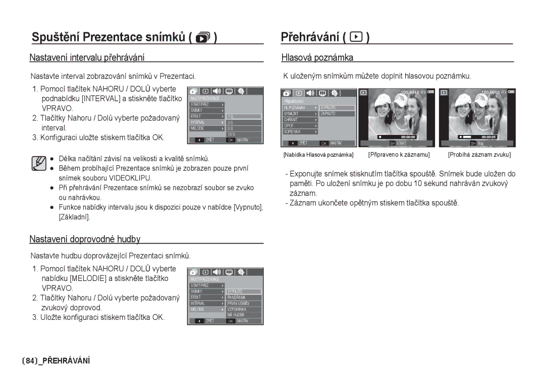 Samsung EC-I80ZZSDA/E3, EC-I80ZZBDA/E3 manual PĜehrávání à, Nastavení intervalu pĜehrávání, Nastavení doprovodné hudby 