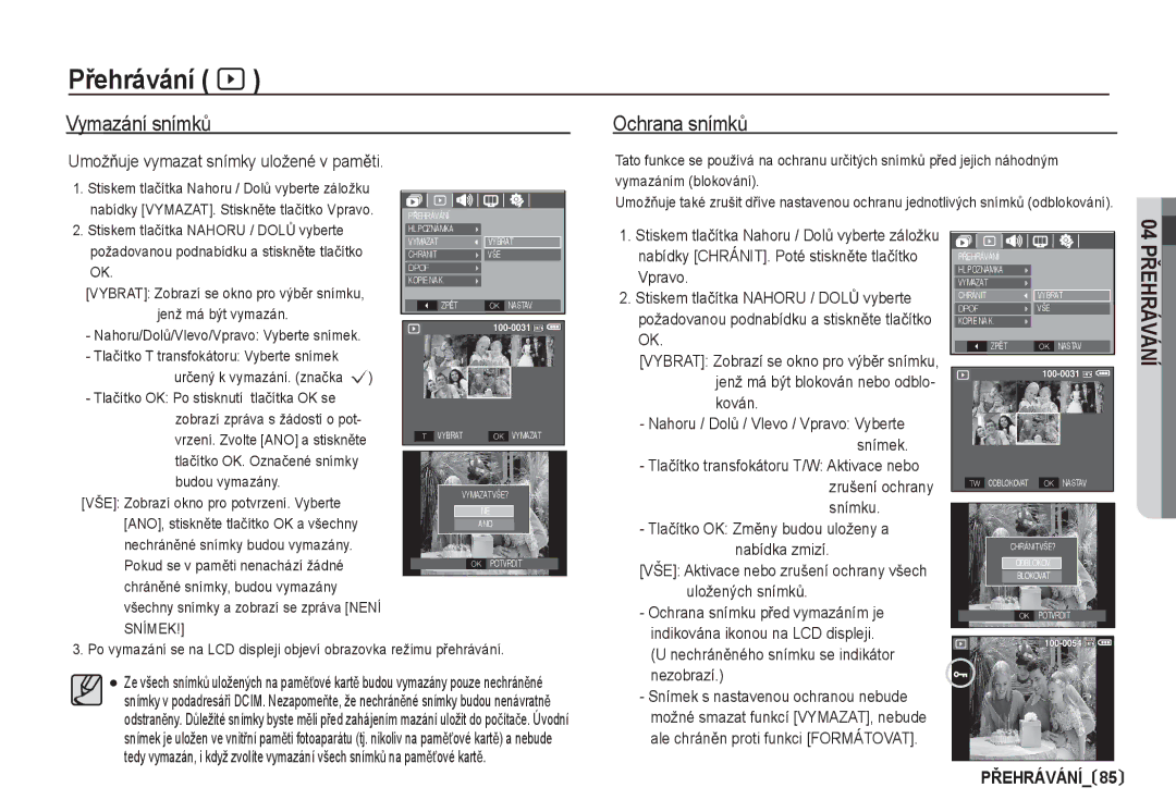 Samsung EC-I80ZZBDA/E3, EC-I80ZZSDA/E3 manual Vymazání snímkĤ Ochrana snímkĤ 