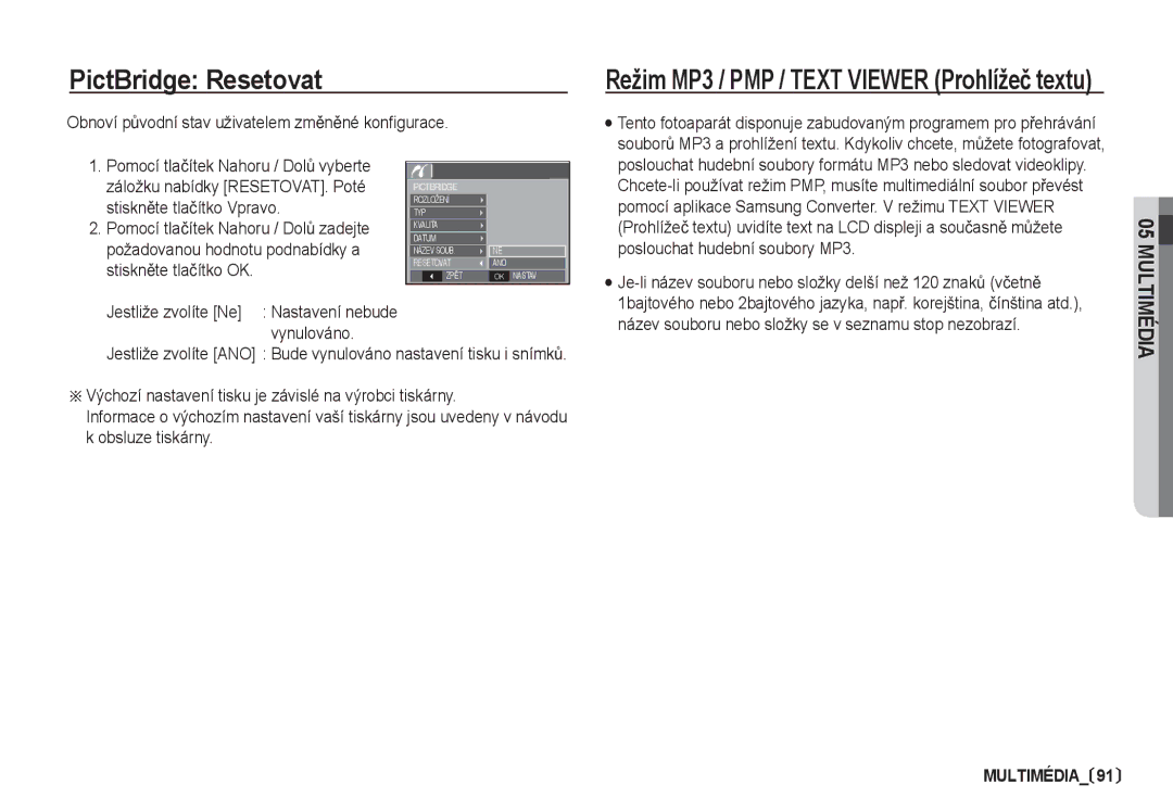 Samsung EC-I80ZZBDA/E3, EC-I80ZZSDA/E3 manual PictBridge Resetovat, Obnoví pĤvodní stav uživatelem zmČnČné konfigurace 