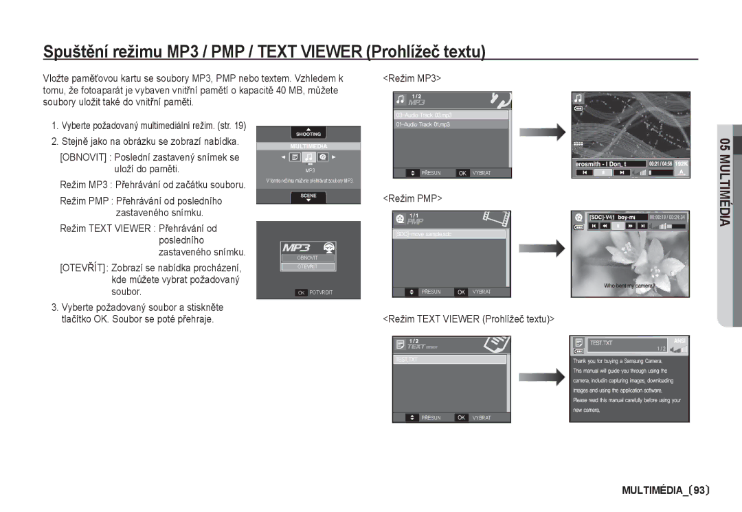 Samsung EC-I80ZZBDA/E3, EC-I80ZZSDA/E3 manual SpuštČní režimu MP3 / PMP / Text Viewer Prohlížeþ textu, Režim PMP 