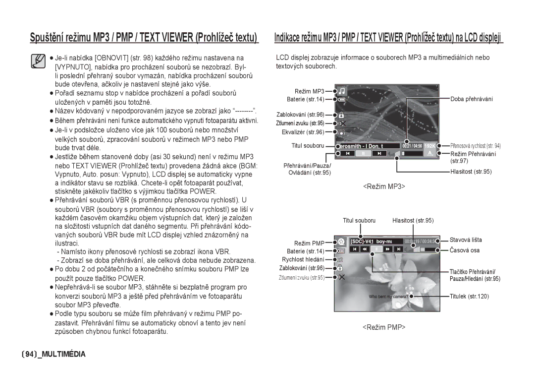 Samsung EC-I80ZZSDA/E3, EC-I80ZZBDA/E3 manual SpuštČní režimu MP3 / PMP / Text Viewer Prohlížeþ textu 