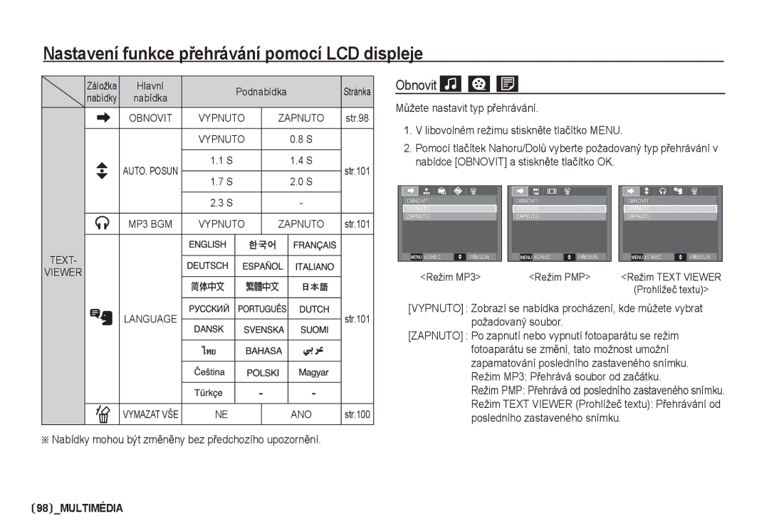 Samsung EC-I80ZZSDA/E3, EC-I80ZZBDA/E3 Obnovit, Libovolném režimu stisknČte tlaþítko Menu, Záložka, Podnabídka Stránka 