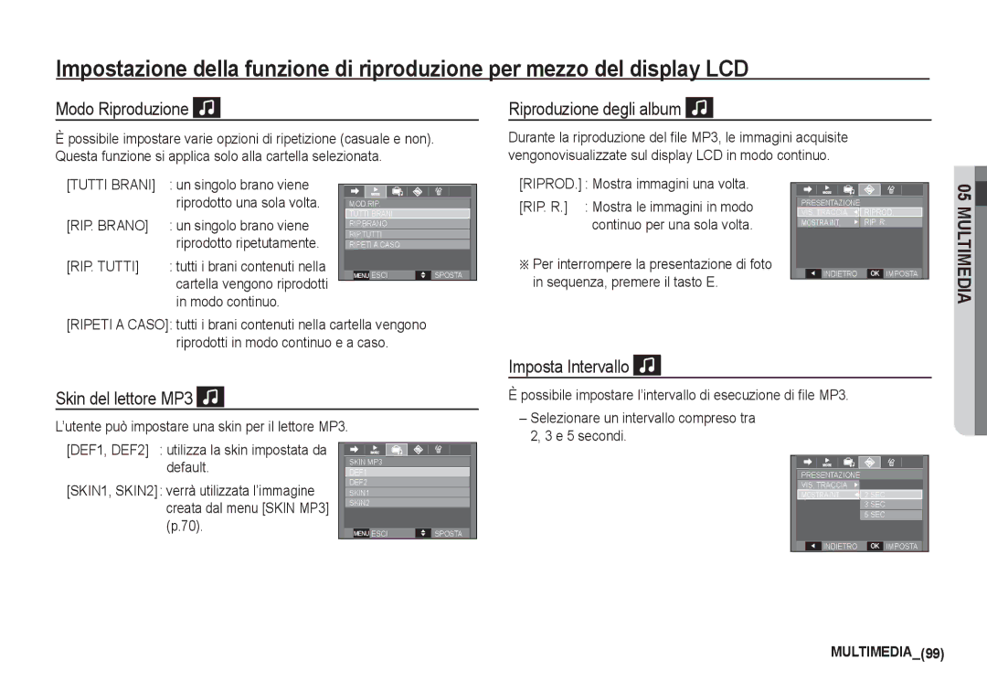 Samsung EC-I80ZZSBA/E2 manual Modo Riproduzione, Riproduzione degli album, Skin del lettore MP3, Imposta Intervallo 