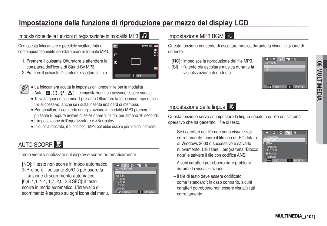 Samsung EC-I80ZZBDA/E3 manual Impostazione MP3 BGM, Impostazione della lingua, Durante la visualizzazione, Correttamente 