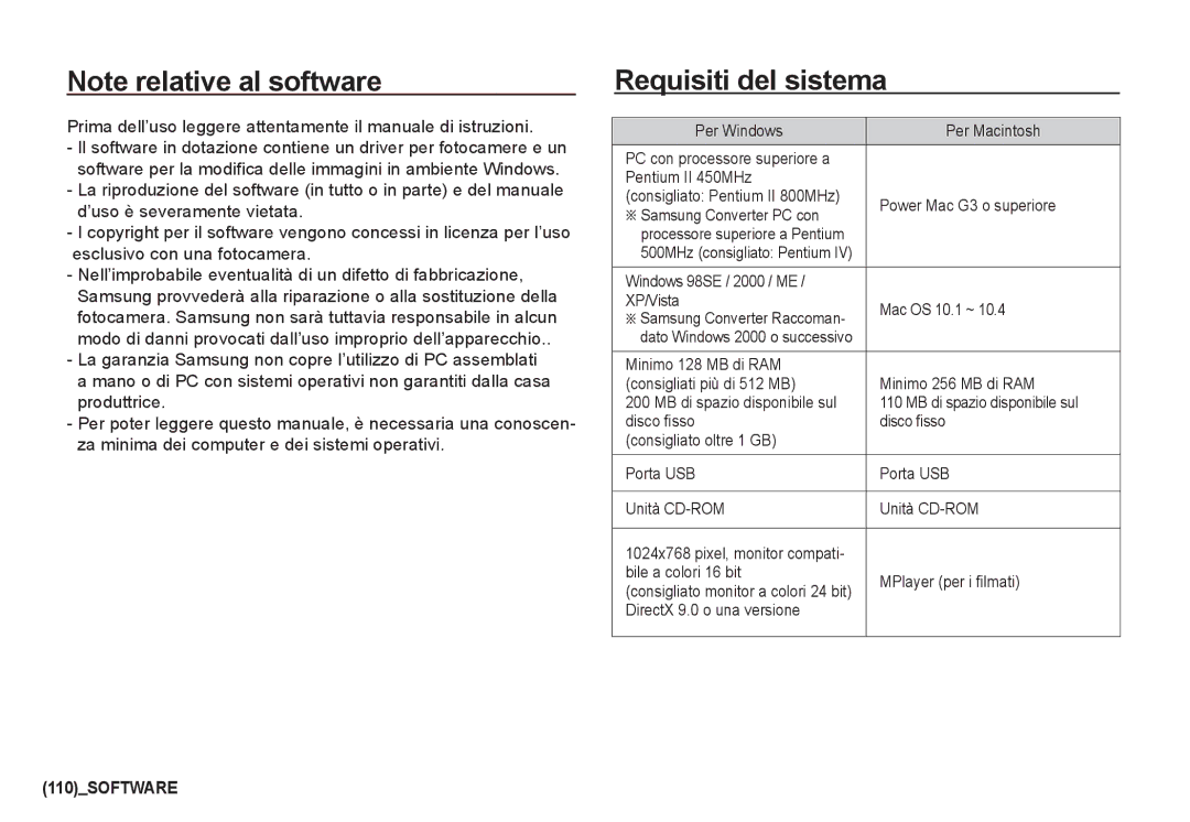 Samsung EC-I80ZZBBA/E2 Requisiti del sistema, Windows 98SE / 2000 / ME XP/Vista Mac OS 10.1 ~, DirectX 9.0 o una versione 