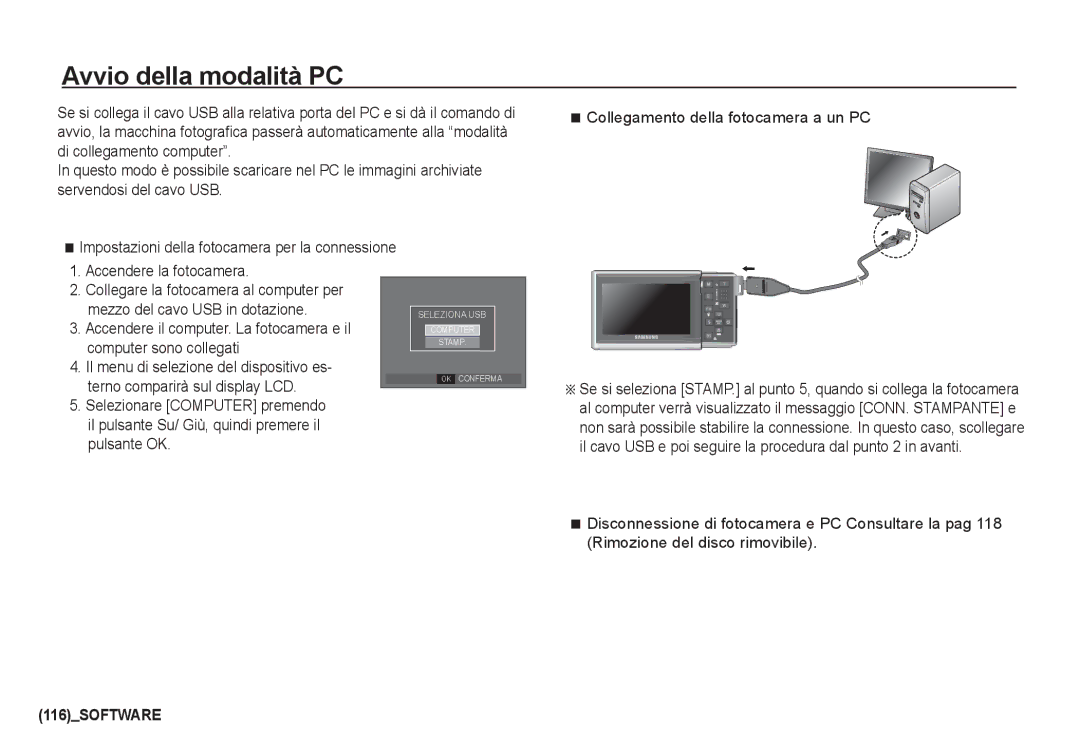 Samsung EC-I80ZZBBA/IT, EC-I80ZZSBA/E2 Avvio della modalità PC, Mezzo del cavo USB in dotazione, Computer sono collegati 