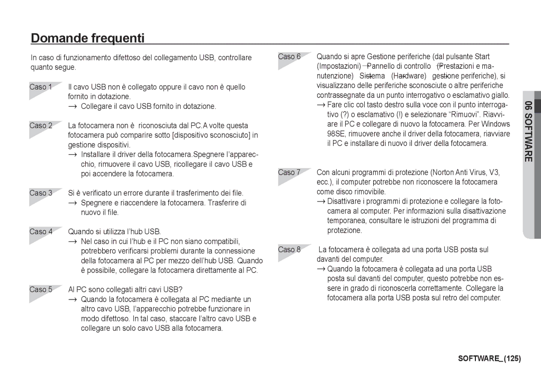 Samsung EC-I80ZZBBC/E1, EC-I80ZZSBA/E2, EC-I80ZZBBA/E2 manual Domande frequenti, Caso 5 Al PC sono collegati altri cavi USB? 