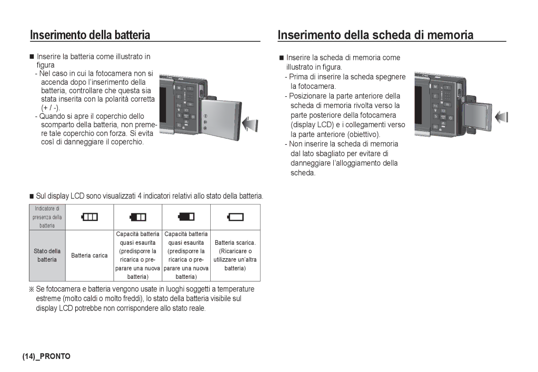 Samsung EC-I80ZZSBA/E1, EC-I80ZZSBA/E2, EC-I80ZZBBA/E2 manual Inserimento della batteria, Inserimento della scheda di memoria 