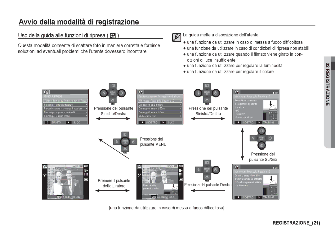 Samsung EC-I80ZZBDA/E3 manual Uso della guida alle funzioni di ripresa, Sinistra/Destra, Pressione del Pulsante Su/Giù 