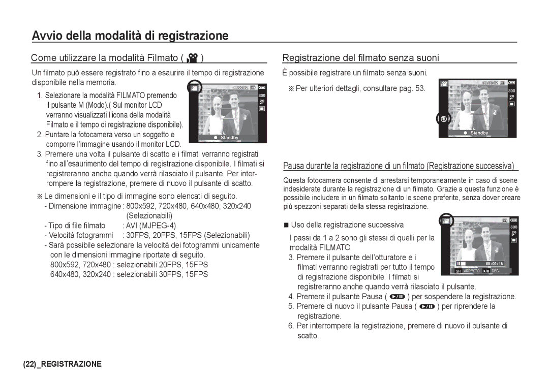 Samsung EC-I80ZZSDA/E3 Come utilizzare la modalità Filmato ´, Registrazione del ﬁlmato senza suoni, Velocità fotogrammi 