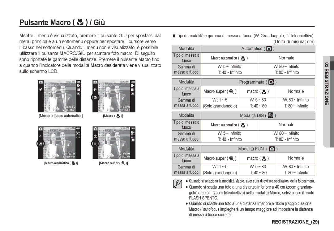 Samsung EC-I80ZZSBA/E2, EC-I80ZZBBA/E2, EC-I80ZZBDA/E3 Pulsante Macro e / Giù, Automatico Š, Modalità DIS ÿ, Modalità FUN ë 