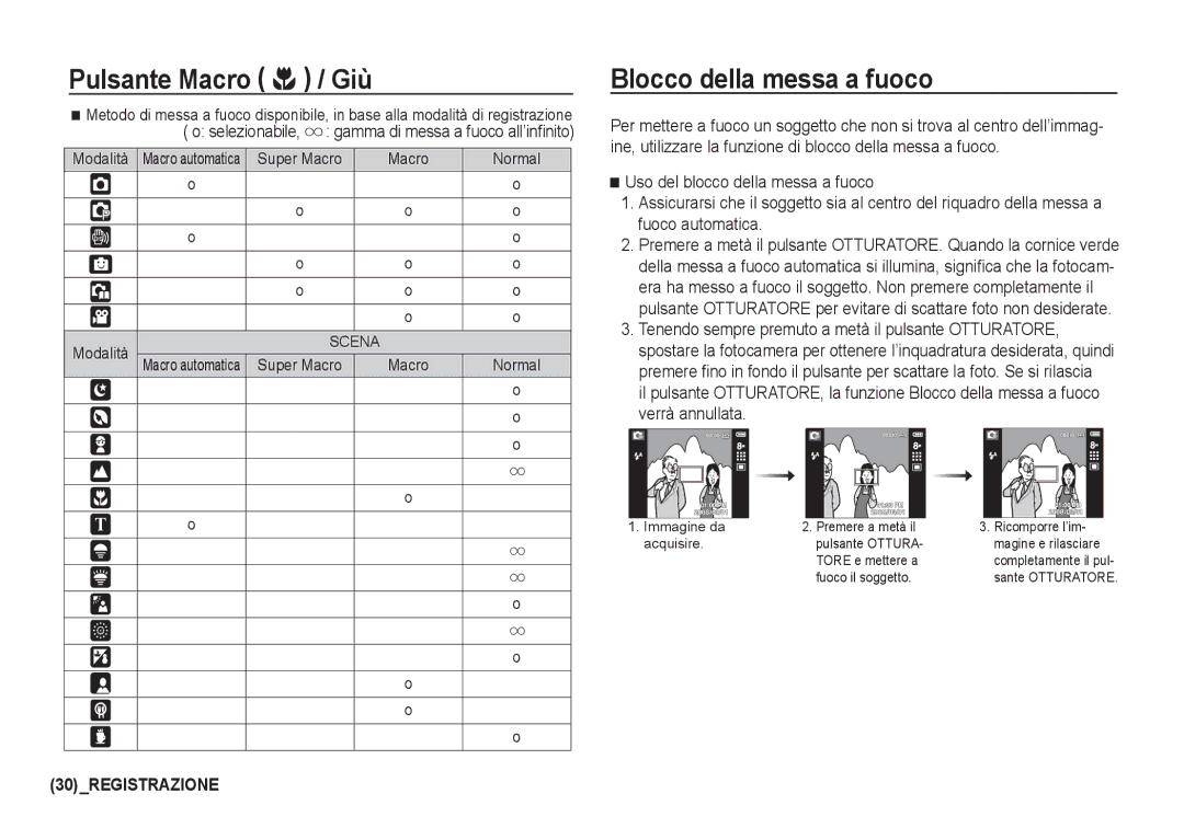 Samsung EC-I80ZZBBA/E2 manual Blocco della messa a fuoco, Selezionabile, gamma di messa a fuoco all’inﬁnito, Modalità 