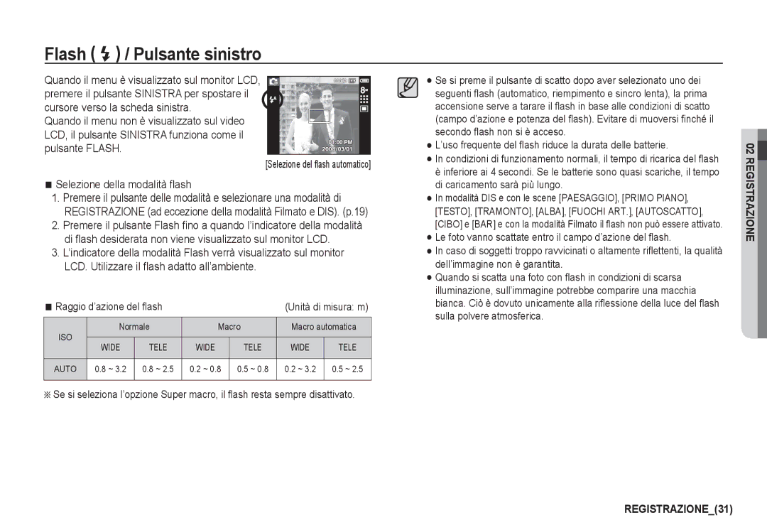 Samsung EC-I80ZZBDA/E3, EC-I80ZZSBA/E2, EC-I80ZZBBA/E2 manual Flash / Pulsante sinistro, Selezione della modalità ﬂash 