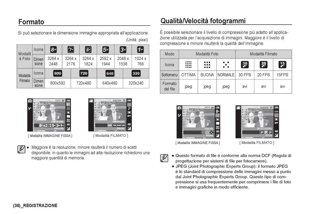 Samsung EC-I80ZZBBA/IT, EC-I80ZZSBA/E2, EC-I80ZZBBA/E2, EC-I80ZZBDA/E3, EC-I80ZZSDA/E3 Formato, Qualità/Velocità fotogrammi 