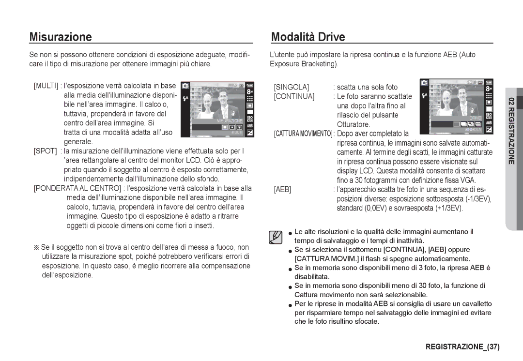 Samsung EC-I80ZZSBA/IT, EC-I80ZZSBA/E2, EC-I80ZZBBA/E2, EC-I80ZZBDA/E3 Misurazione, Modalità Drive, Singola, Continua, Aeb 