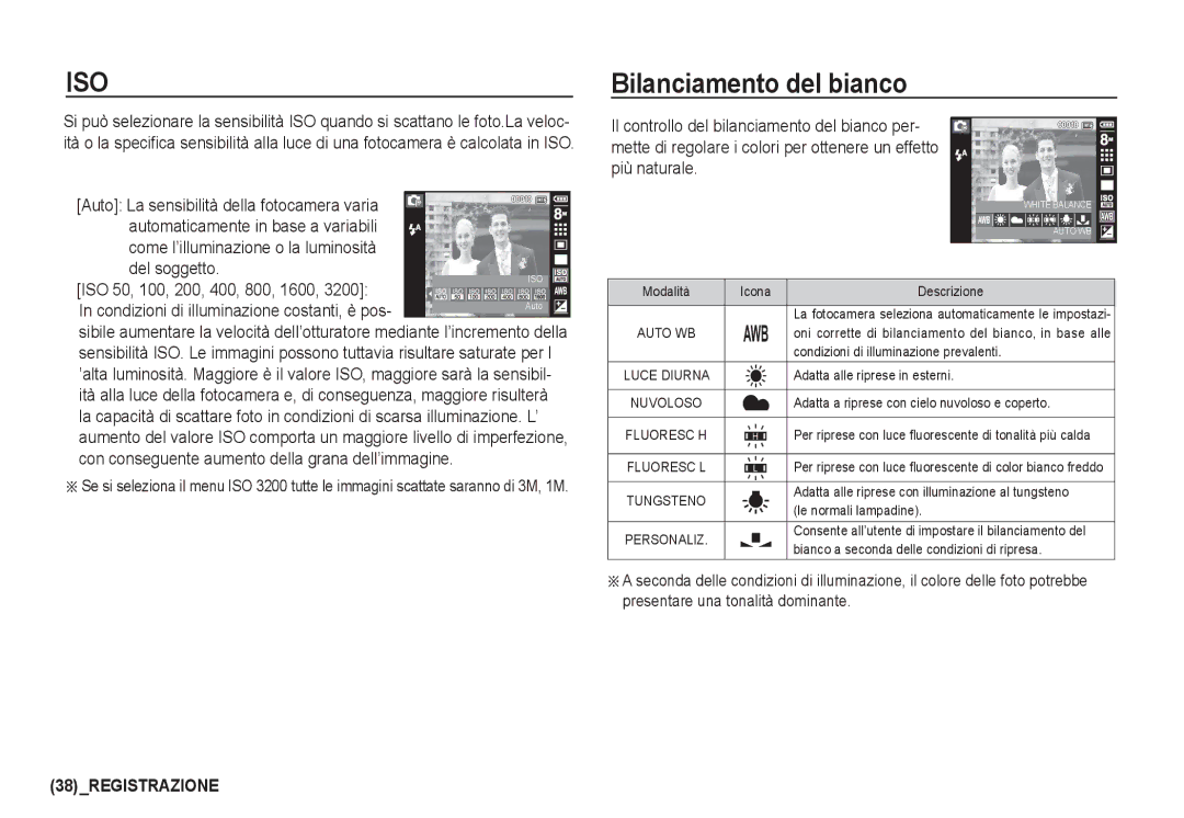 Samsung EC-I80ZZSBB/E1, EC-I80ZZSBA/E2, EC-I80ZZBBA/E2 manual Bilanciamento del bianco, ISO 50, 100, 200, 400, 800, 1600 