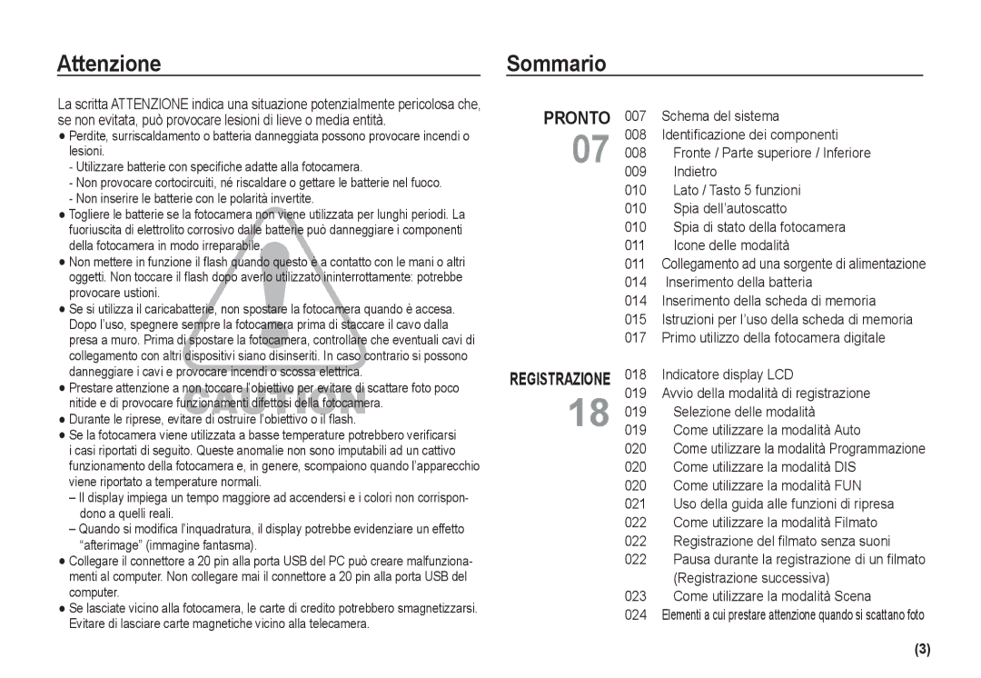 Samsung EC-I80ZZBBB/E1, EC-I80ZZSBA/E2, EC-I80ZZBBA/E2, EC-I80ZZBDA/E3, EC-I80ZZSDA/E3 manual Attenzione, Sommario, 017 