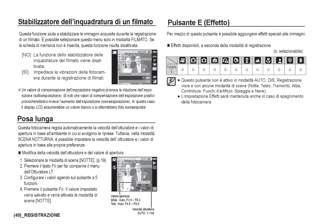 Samsung EC-I80ZZBBA/E2, EC-I80ZZSBA/E2, EC-I80ZZBDA/E3 manual Pulsante E Effetto, Posa lunga, † ‰ Š ë, Selezionabile 