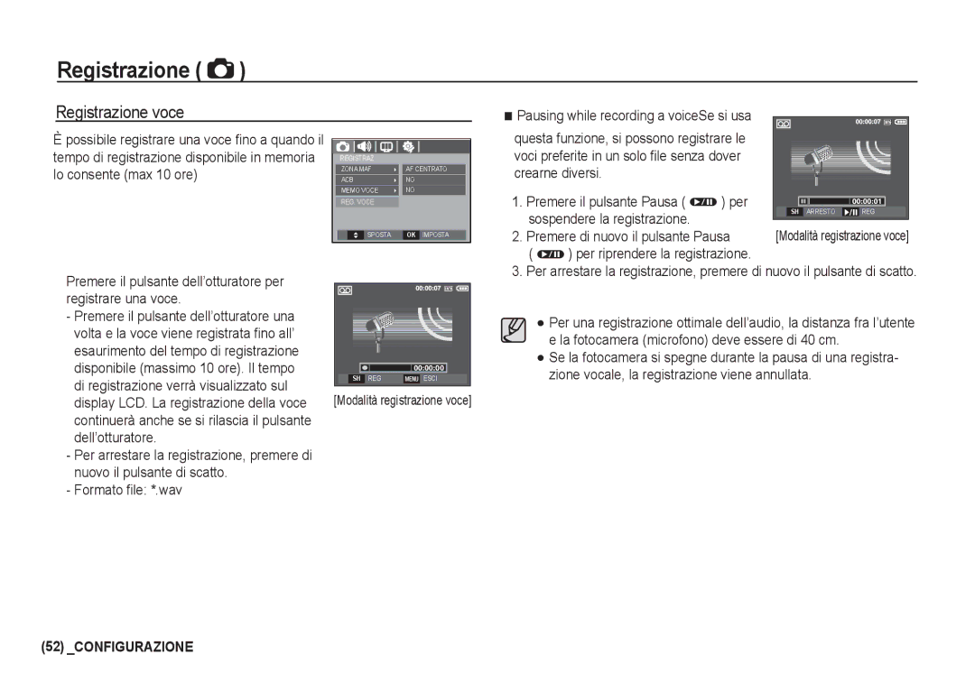 Samsung EC-I80ZZSDA/E3, EC-I80ZZSBA/E2 Registrazione voce, Pausing while recording a voiceSe si usa, Formato ﬁle *.wav 