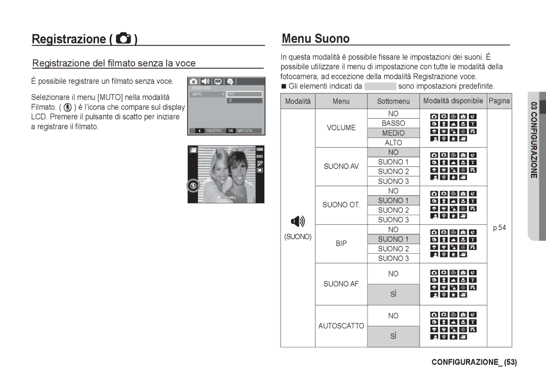 Samsung EC-I80ZZBBB/E1, EC-I80ZZSBA/E2, EC-I80ZZBBA/E2, EC-I80ZZBDA/E3 Menu Suono, Registrazione del ﬁlmato senza la voce 