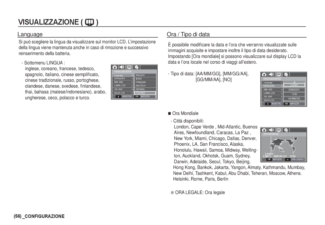 Samsung EC-I80ZZBBA/IT, EC-I80ZZSBA/E2, EC-I80ZZBBA/E2, EC-I80ZZBDA/E3, EC-I80ZZSDA/E3 manual Language Ora / Tipo di data 