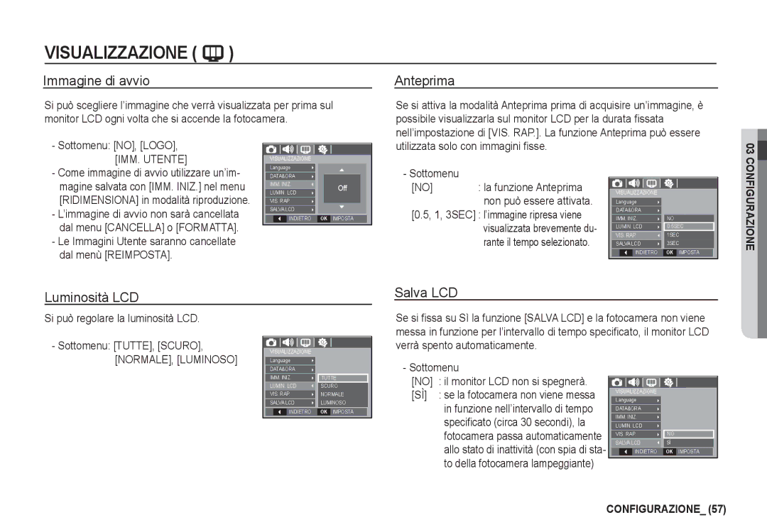 Samsung EC-I80ZZSBA/IT, EC-I80ZZSBA/E2, EC-I80ZZBBA/E2 Immagine di avvio, Anteprima, Luminosità LCD Salva LCD, IMM. Utente 