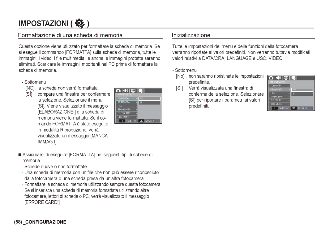 Samsung EC-I80ZZSBB/E1, EC-I80ZZSBA/E2, EC-I80ZZBBA/E2 manual Formattazione di una scheda di memoria, Inizializzazione 