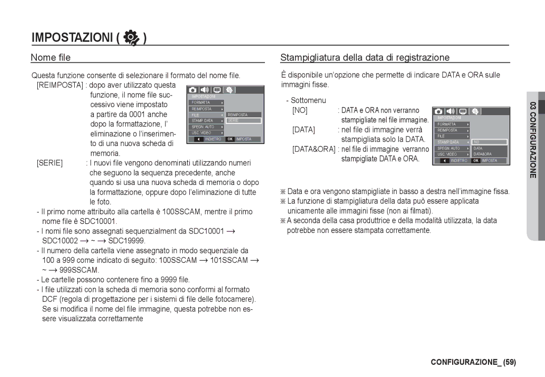 Samsung EC-I80ZZSBA/E2, EC-I80ZZBBA/E2, EC-I80ZZBDA/E3 manual Nome ﬁle, Stampigliatura della data di registrazione, Serie 