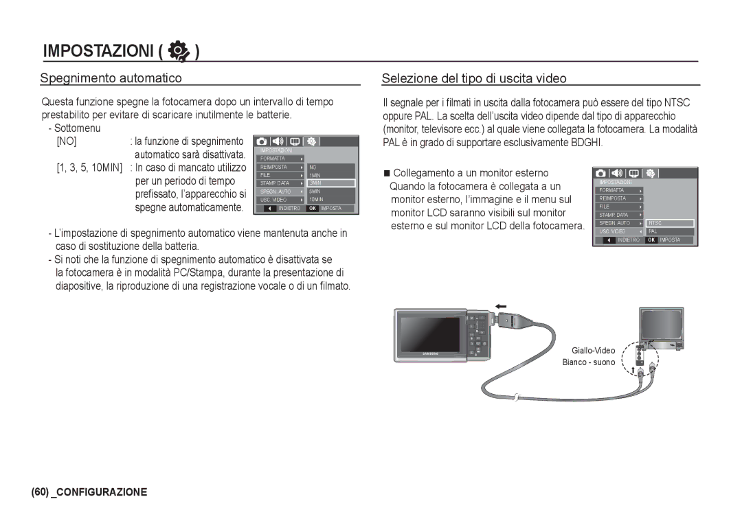 Samsung EC-I80ZZBBA/E2 Spegnimento automatico, Selezione del tipo di uscita video, Sottomenu, Per un periodo di tempo 